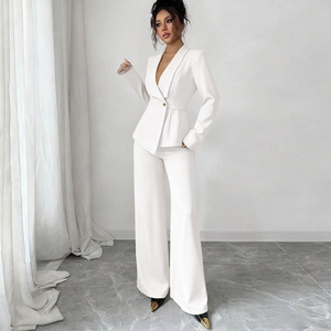 Ensemble Blazer en Polyester À Revers Et Pantalon Large Pour Femmes Style Professionnel De Bureau Couleur Unie Top And Bottom