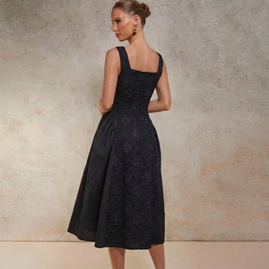 French style elegant black midi dress with floral embroidery and square neck sleeveless design