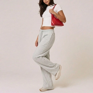 Women's light grey high-waist wide-leg lounge pants with adjustable drawstring waist