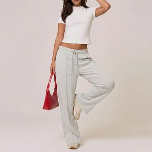 Women's casual set with white crop t-shirt and grey wide-leg lounge trousers