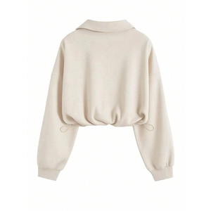 Back view of cream long sleeve lapel sweatshirt with drop shoulders and drawstring hem
