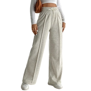 Women's light grey high waisted wide leg trousers with drawstring and vertical seam
