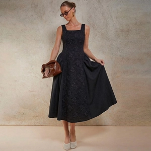 French style black sleeveless midi dress with embossed floral embroidery and square neck