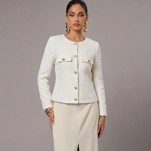 Women French Style Tweed Jacket Elegant Round Neck Single Breasted Long Sleeve Outerwear With Gold Buttons Polyester Jacket