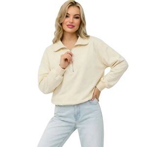 Women's cream half-zip sweatshirt with stylish lapel collar and ribbed cuffs for casual wear