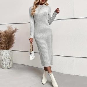 Women Elegant Ribbed Knit Maxi Dress Slim Fit Long Sleeve Round Neck Bodycon Solid Color Casual Fall Winter Dress