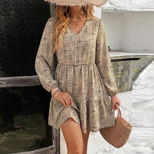 Women's Elegant V-Neck Long Sleeve Midi Dress Brown Grid Print A-Line Tiered Ruffle Hem Vacation Casual Boho Style Dress