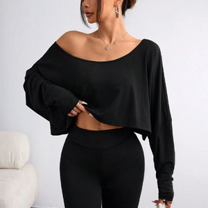 Completo Donna Crop Top a Manica Lunga con Spalle Scoperte e Pantaloni Aderenti a Vita Alta Tinta Unita Sexy Casual