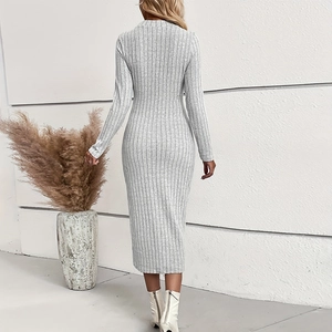 Elegant slim fit grey rib-knit midi dress with long sleeves for women fashion