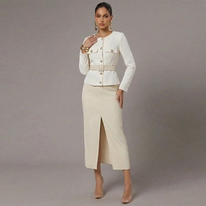 Elegant two-piece set with white tweed jacket, beige slit midi skirt and waist belt