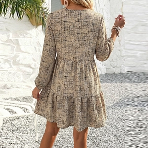 Elegant beige plaid long sleeve dress with high waist and layered ruffle skirt