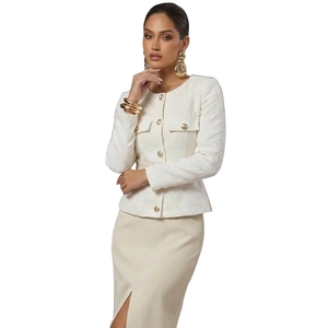 Elegant white tweed jacket with gold buttons and long sleeves for women, 2025 autumn style