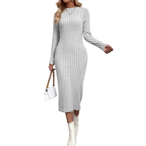 Slim fit light gray ribbed knit midi dress with long sleeves and crew neck for women