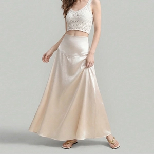 Elegant High Waist Satin Maxi Skirt For Women Solid Color A-Line Long Skirt Office Commuter Party Champagne Apricot Fashion Skirt