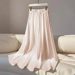 Elegant champagne satin maxi skirt with elastic waist and high-gloss finish for women