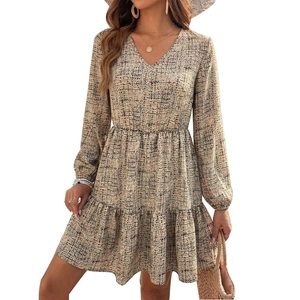 Elegant long sleeve V-neck tiered A-line dress with beige texture print and ruffles