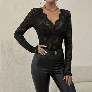 Top da Donna Sexy in Pizzo Floreale con Scollo a V a Maniche Lunghe Slim Fit Trasparente Blusa Traforata Elegante Camicia Bodycon
