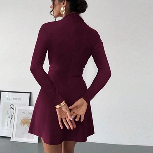 Eng anliegendes weinrotes Langarm-Minikleid mit Stehkragen, gezeigt aus der Rückansicht