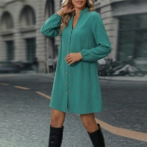 Women Elegant Solid Color Long Sleeve Shirt Dress V Neck Button A-Line Midi Dress Casual Teal Green Polyester Dress Top