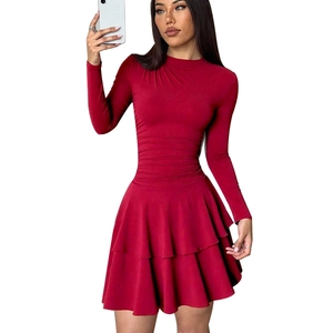 Slim fit burgundy long sleeve dress with ruched waist and tiered ruffle hemline skirt