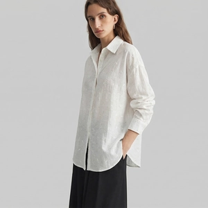 Women Elegant White Long Sleeve Polyester Blouse Wrinkled Crepe Loose Shirt With Back Tie Casual Daily Office Wear Top