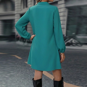 Elegant teal long sleeve shirt dress with collar shown from a street fashion perspective