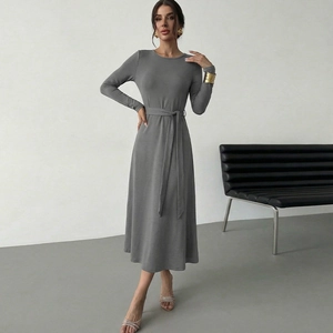 Women's Elegant Knitted Midi Dress Long Sleeve Round Neck Solid Color A-Line Dress With Belt For Daily Office Social