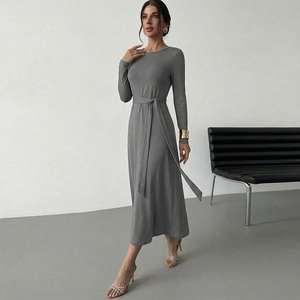 Elegant taupe long-sleeve knit A-line dress with belt for a sophisticated look