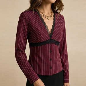 Slim fit burgundy striped shirt with black lace V-neck and long sleeves for women