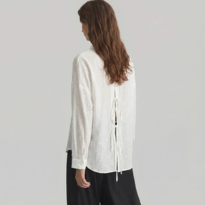 Women's white crepe long sleeve shirt with elegant back slit and ribbon bow details