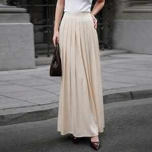 Elegant High Waist Pleated Satin Maxi Skirt For Women Solid Color Flowy A-Line Umbrella Skirt Long Skirt Fashion Bottoms