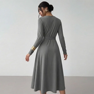 Elegant dark grey long sleeve knit dress for women with belted waist and A-line silhouette