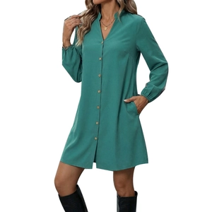 Solid teal long sleeve shirt dress with button-up V-neck and pockets for women