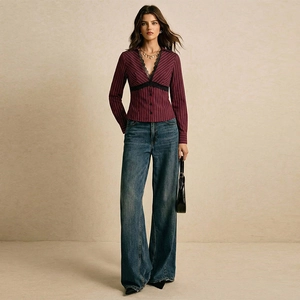 Women's burgundy striped slim shirt with black lace trim and v-neckline
