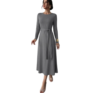 Elegant dark grey long sleeve knit A-line maxi dress with waist belt for women