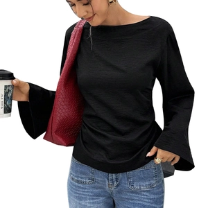 Women black long sleeve top featuring an elegant off-shoulder neck and stylish flare sleeves