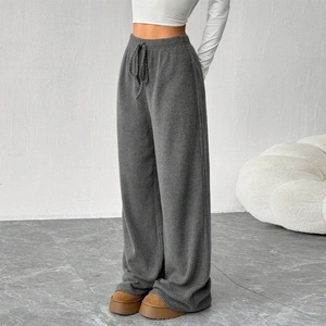 Pantaloni Donna a Vita Alta Gamba Larga Casual a Costine con Coulisse Dritti Tinta Unita Larghi da Relax