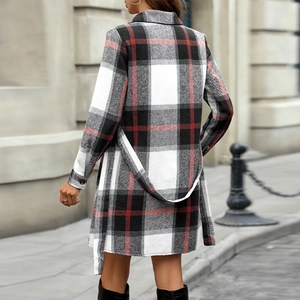 Elegant plaid long-sleeve dress with waist belt and classic lapels from the back view