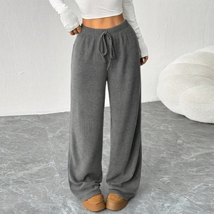 Pantaloni casual a gamba larga a coste grigie da donna con coulisse regolabile in vita