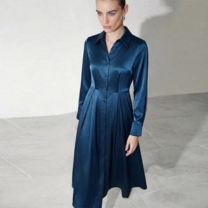 Elegant long sleeve satin A-line dress in peacock blue with shirt collar and buttons