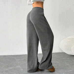 Pantaloni grigi a gamba larga a coste da donna con vita alta elastica e coulisse