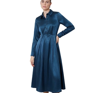 Elegant deep teal satin long sleeve A-line shirt dress with button-front and belted waist