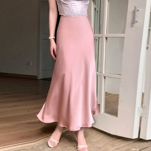 Jupe Midi Élégante en Satin Rose pour Femmes Taille Haute Jupe Sirène Queue de Poisson Satin de Polyester Bureau Coupe Slim Jupe Longue