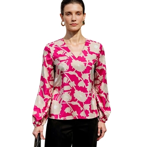 Women's V-neck long sleeve floral print blouse in vibrant rose pink with white patterns