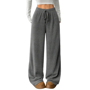 Pantaloni a gamba larga grigio scuro da donna con coulisse e trama a costine