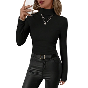 Elegant slim fit black mock neck long sleeve bodysuit top for women's autumn fashion
