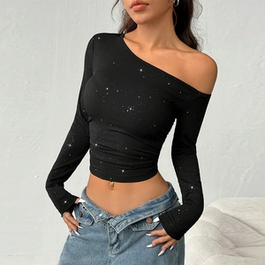 Women's Off Shoulder Long Sleeve T-Shirt Glitter Rhinestone Ribbed Slim Fit Crop Top Sexy Casual Party Top