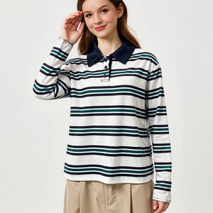 Polo da donna a maniche lunghe a righe con colletto a costine blu e bottoni