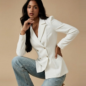 Women's white slim fit double-breasted blazer with gold buttons and shoulder pads