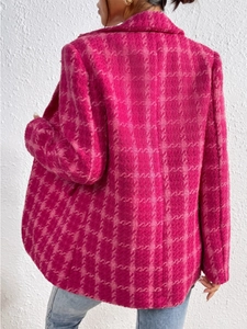 Detailed back view of pink plaid tweed jacket for women featuring textured woven fabric